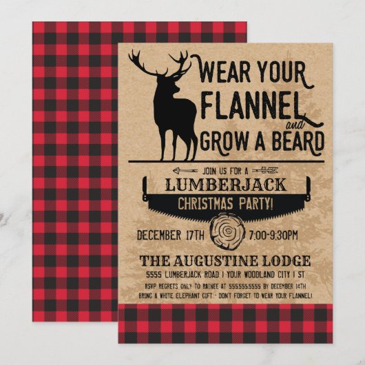Kerstmis Lumberjack Uitnodiging - Buffalo Plaid (Voorkant / Achterkant)