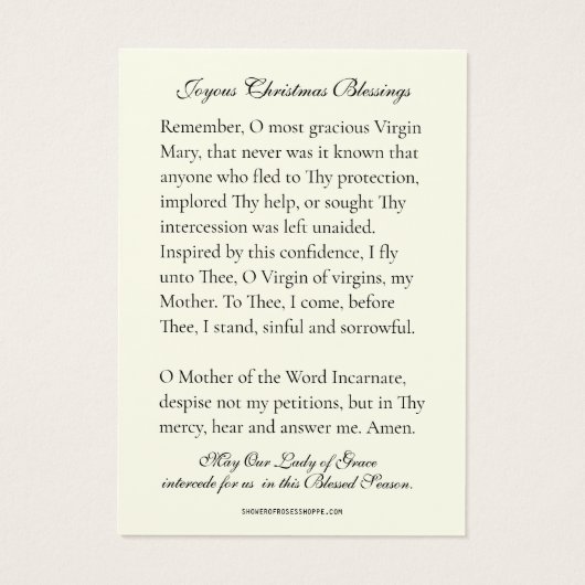 Kerstmis Maagd Maria Memorare Gebed Poinsettia Visitekaartje (Achterkant)