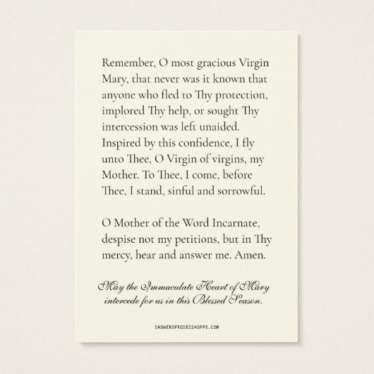 Kerstmis Maagd Maria Memorare Gebed Poinsettia Visitekaartje (Achterkant)