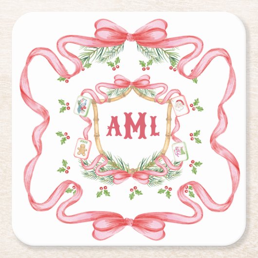 Kerstmis Mahjong | Monogram Kartonnen Onderzetters (Voorkant)