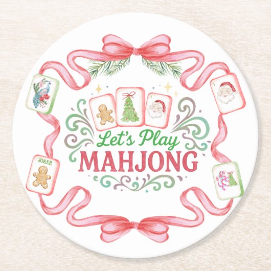 Kerstmis Mahjong | Monogram Ronde Kartonnen Onderzetter (Voorkant)