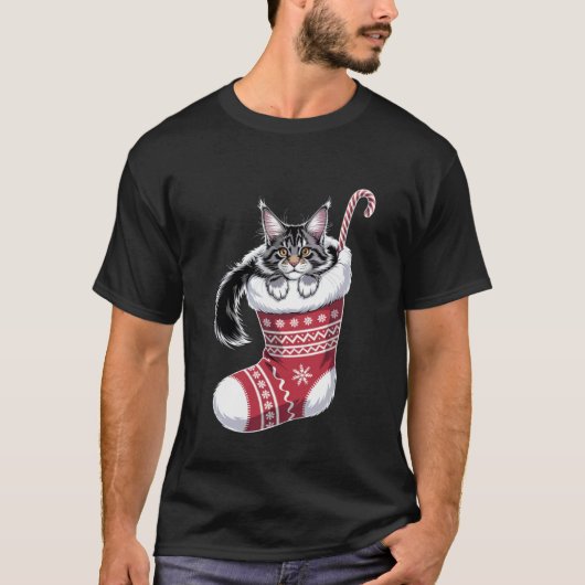 Kerstmis Maine Coon Kat Huisdier Xmas Kerstman Hoe T-shirt (Voorkant)