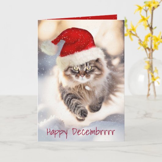 Kerstmis Maine Coon Kat In Sneeuw Kaart (Gele Bloem)