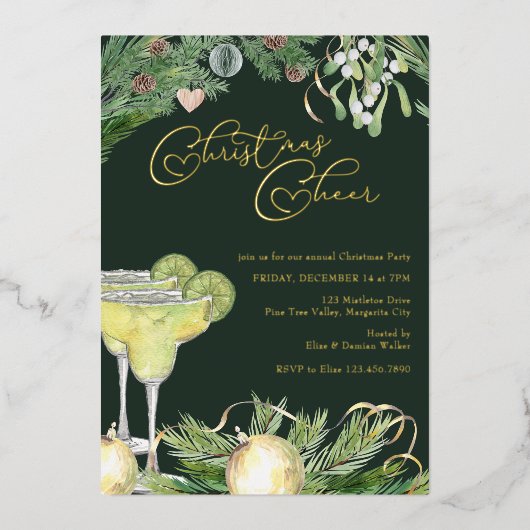Kerstmis: Margarita en Mistletoe Party Gold Folie Uitnodiging (Voorkant)