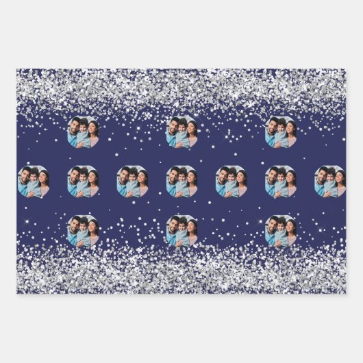 Kerstmis marine blauw zilver foto confetti inpakpapier vel (Voorkant 2)