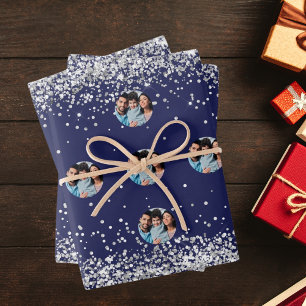 Kerstmis marine blauw zilver foto confetti inpakpapier vel