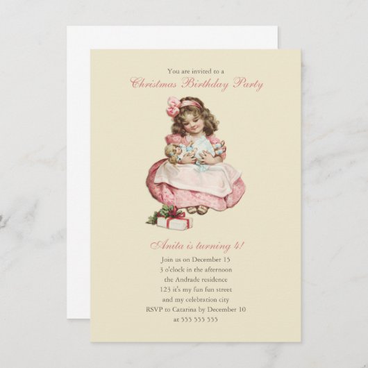 Kerstmis  meisje roze kaart (Voorkant / Achterkant)