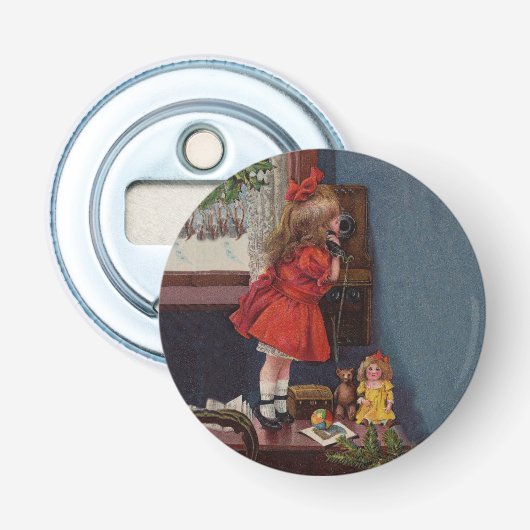 Kerstmis Meisje Telefoon Antiek Button Flesopener (Voorkant)