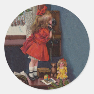 Kerstmis Meisje Telefoon Antiek Ronde Sticker