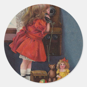 Kerstmis Meisje Telefoon Antiek Ronde Sticker