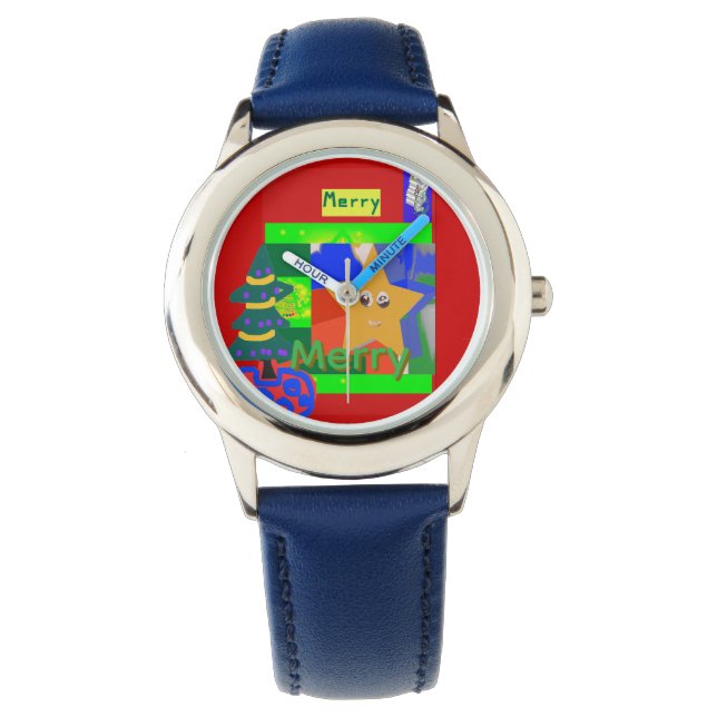 Kerstmis Merry Groene Naam op Rode Kerst  Horloge (Voorkant)