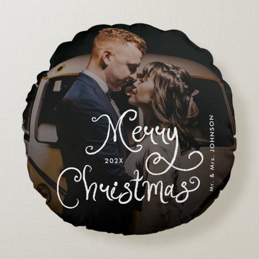 Kerstmis Merry Script Met Foto  Rond Kussen (Voorkant)