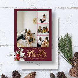 Kerstmis met 5 foto's met dieprode bessen folie feestdagenkaart