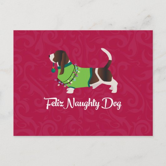 Kerstmis met Bassett Hound Feliz Naughty Dog Feestdagenkaart (Voorkant)