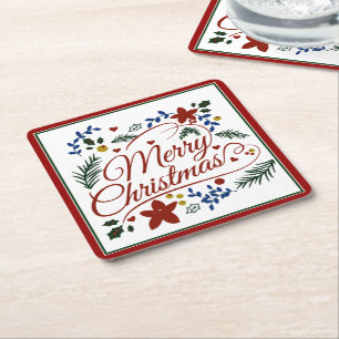 Kerstmis met bloemen vierkant papieren coasters kartonnen onderzetters