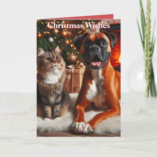 Kerstmis met Boxer Hond en Kat Feestdagen Kaart (Voorkant)