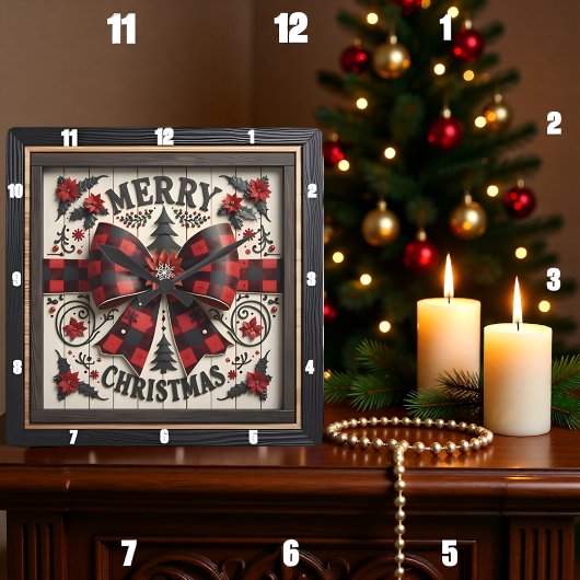 Kerstmis met Buffalo Plaid Strik Vierkante Klok