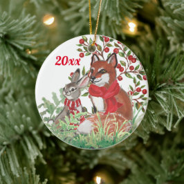 Kerstmis met Bunny Rabbit Botanische Red Berry Keramisch Ornament