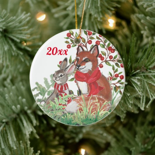 Kerstmis met Bunny Rabbit Botanische Red Berry Keramisch Ornament (Boom)