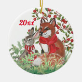 Kerstmis met Bunny Rabbit Botanische Red Berry Keramisch Ornament (Voorkant)