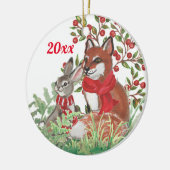 Kerstmis met Bunny Rabbit Botanische Red Berry Keramisch Ornament (Links)