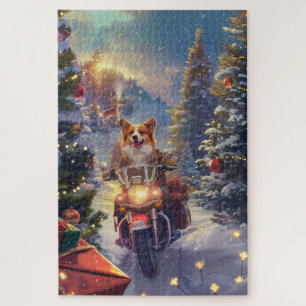 Kerstmis met Corgi-hond op motorfiets Legpuzzel