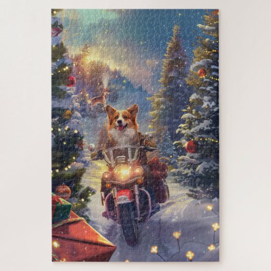 Kerstmis met Corgi-hond op motorfiets Legpuzzel (Verticaal)