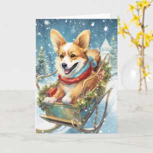 Kerstmis met Corgi – Rijden op een slee vol cadeau Kaart