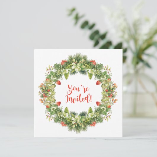 Kerstmis met de Berries Flowers Holly Pine Invite Kaart (Staand voorkant)