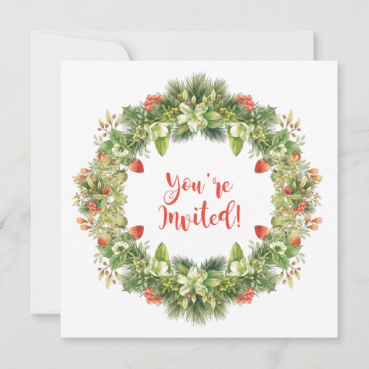 Kerstmis met de Berries Flowers Holly Pine Invite Kaart (Voorkant)