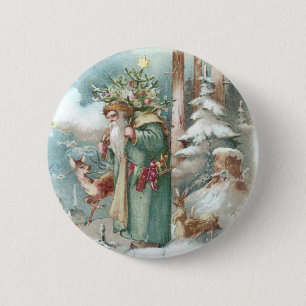 Kerstmis met de kerstman en de bosdieren ronde button 5,7 cm
