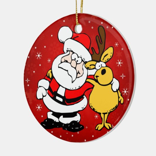 Kerstmis met de kerstman en de rendierenkuis keramisch ornament (Links)