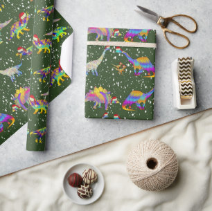 Kerstmis met dinosauriërs in kerstmannenmutsen cadeaupapier