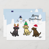 Kerstmis met drie Labradors en Sneeuwman Feestdagenkaart (Voorkant / Achterkant)