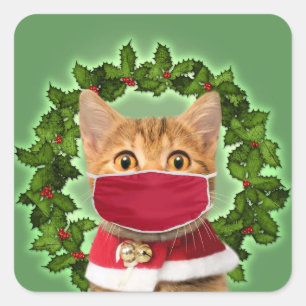 Kerstmis met een coronavirusmasker vierkante sticker