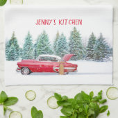  Kerstmis met een rode auto Theedoek (Gevouwen)