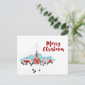 Kerstmis met een Rode Kerk en ster boven Feestdagenkaart (Staand voorkant)