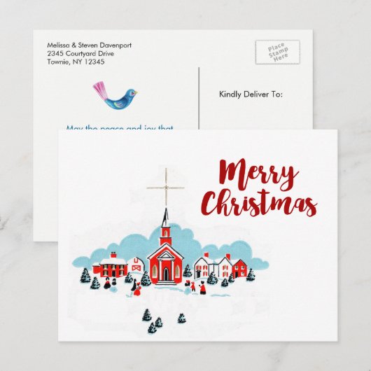 Kerstmis met een Rode Kerk en ster boven Feestdagenkaart (Voorkant / Achterkant)