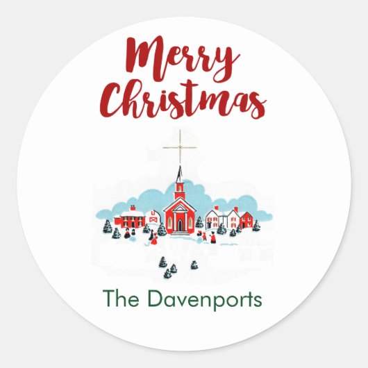 Kerstmis met een Rode Kerk en ster boven Ronde Sticker (Voorkant)