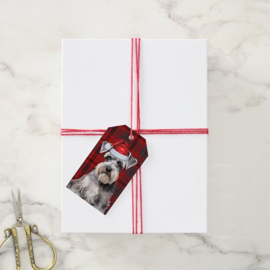 Kerstmis met een schnauzerhond in Schotse ruit Cadeaulabel (Met Touw)