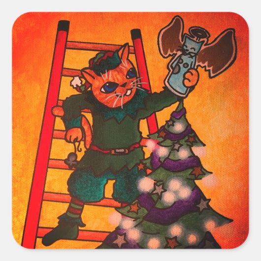 Kerstmis met Elf Cat Vierkante Sticker (Voorkant)