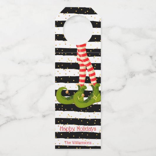 Kerstmis met Elf Legs op Stripes Holiday Flessenhanger (Voorkant)