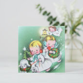 Kerstmis met engelen in retro vintage stijl feestdagenkaart (Staand voorkant)