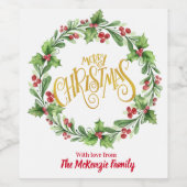 Kerstmis met feestdag Holly en Berries Wijn Etiket (Enkel label)