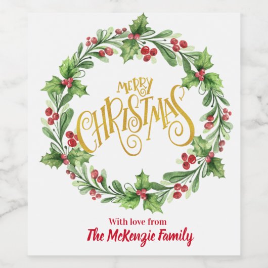 Kerstmis met feestdag Holly en Berries Wijn Etiket (Enkel label)