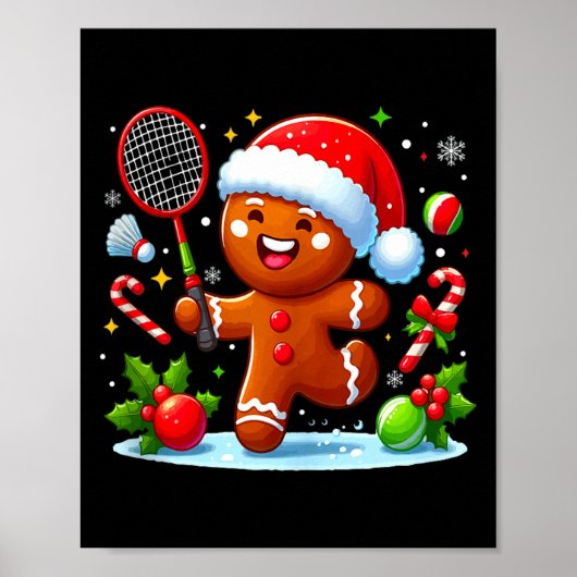 Kerstmis met gemberkoek speelt badminton grappig s poster (Voorkant)