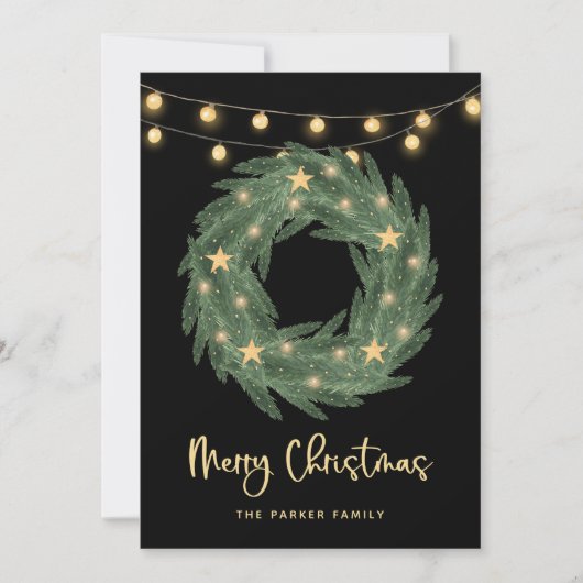 Kerstmis met Gold String-lampjes op zwart Feestdagenkaart (Voorkant)