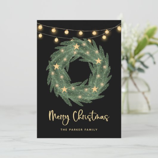Kerstmis met Gold String-lampjes op zwart Feestdagenkaart (Staand voorkant)
