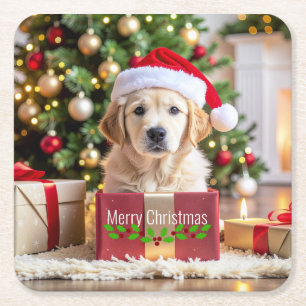 Kerstmis met Golden Retriever Kartonnen Onderzetters
