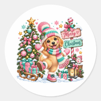 Kerstmis met Golden Retriever Ronde Sticker